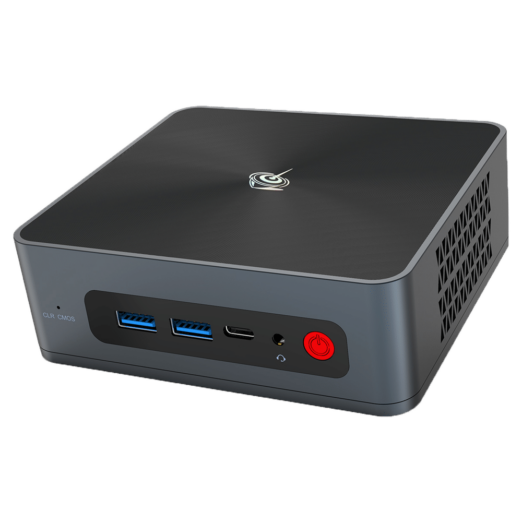 Beelink SEi 10 i3 Mini PC showing from front at angle with 2x USB Type A 30 and 1x USB Type C Port along with 35mm Headphone Jack
