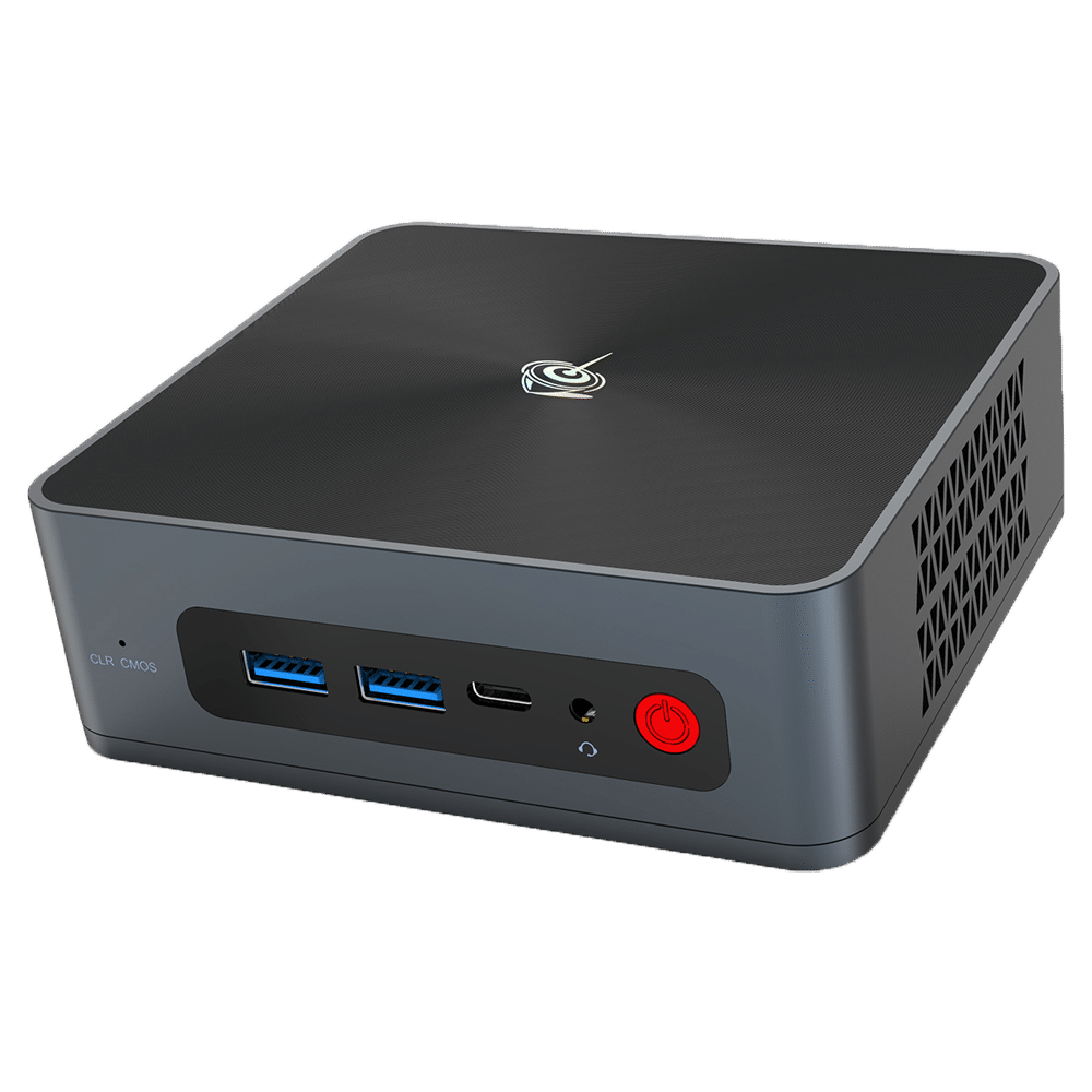 Beelink SEi 10 i3 Mini PC showing from front at angle with 2x USB Type-A 3.0 and 1x USB Type-C Port along with 3.5mm Headphone Jack
