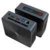 Beelink SEi 10 i3 Mini PC showing from front at angle with 2x USB Type-A 3.0 and 1x USB Type-C Port along with 3.5mm Headphone Jack and from the back with RJ45 Port, 2x USB Type-A 3.0, dual HDMI Ports and Power Port