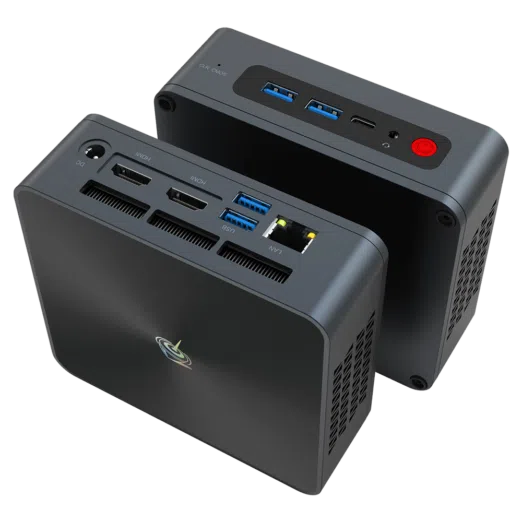 Beelink SEi 10 i3 Mini PC showing from front at angle with 2x USB Type-A 3.0 and 1x USB Type-C Port along with 3.5mm Headphone Jack and from the back with RJ45 Port, 2x USB Type-A 3.0, dual HDMI Ports and Power Port