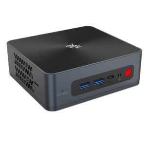 Beelink SEi 10 i3 Mini PC showing from front at angle with 2x USB Type-A 3.0 and 1x USB Type-C Port along with 3.5mm Headphone Jack and from the side with MicroSD Card slot