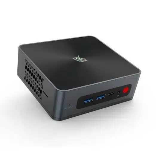 Beelink SEi 8 Windows 10 Intel Mini NUC PC - Showing from front with 2x USB Type-A 3.0, 1 Type-C, 1x 3.5mm Headphone&Microphone Jack and MicroSD card on the left side