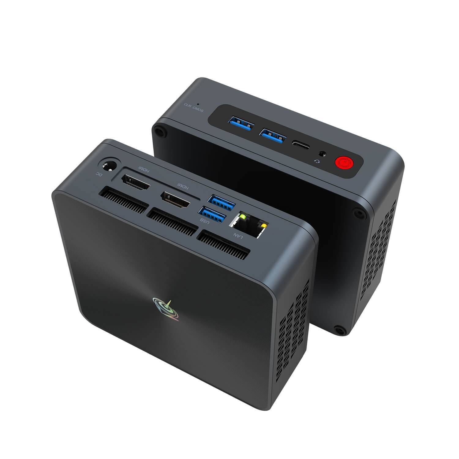 Beelink SEi 8 Windows 10 Intel Mini NUC PC - Showing from front the back with LAN Port, 2x USB Type-A 3.0 and 2 HDMI Ports and from the front with 2x USB Type-A 3.0 and Type-C
