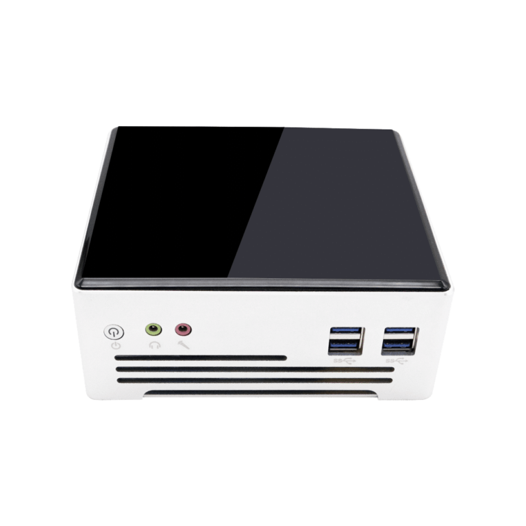 DroiX PROTEUS G4 Intel NUC Mini PC shown from the front with power button, audio output and USB 3.0 Ports