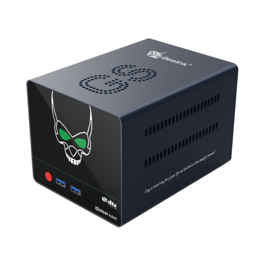 Beelink GS King X Android BOX with Nas   Showing from front at angle with Power Button 2x USB Type A 30 Ports and Micro SDTF Card Slot