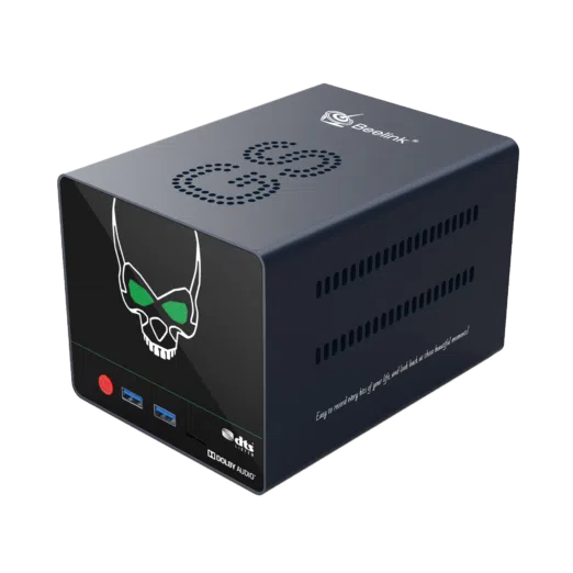 Beelink GS King X Android BOX with Nas   Showing from front at angle with Power Button 2x USB Type A 30 Ports and Micro SDTF Card Slot