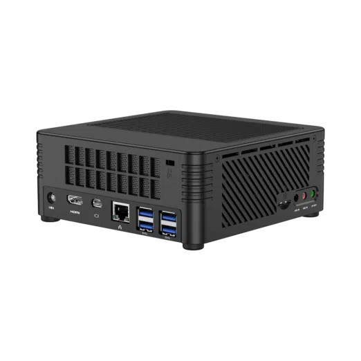 MINISFORUM H31 Mini PC - Shown from back-side with 4x USB 3.1 Ports, 1x RJ45 Ethernet Port, 1x Mini DP Port and 1x HDMI Port