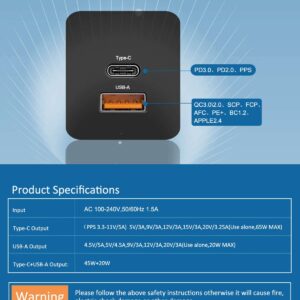 65W Power Supply for GPD WIN 3, AYA NEO and MacBook in black showing USB Output