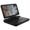 GPD Micro PC mostrado desde un ángulo con teclado QWERTY, trackpad y pantalla