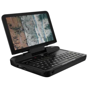 GPD Micro PC Shown from an angle featuring a QWERTY Keyboard, Trackpad and Display