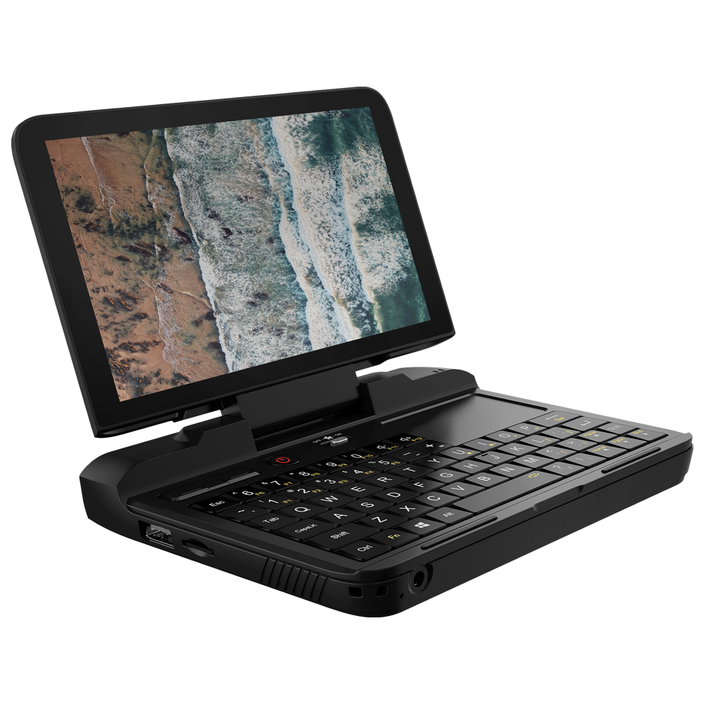 Micro PC GPD présenté sous un angle avec un clavier QWERTY, un trackpad et un écran.