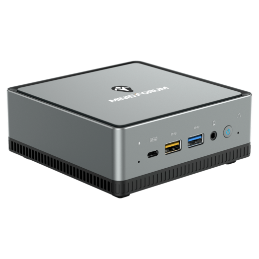 MinisForum UM250 AMD Mini PC   Showing front Microphone USB Type C Port 2x USB Type A Ports and 35mm Headphone Jack along with Power Button