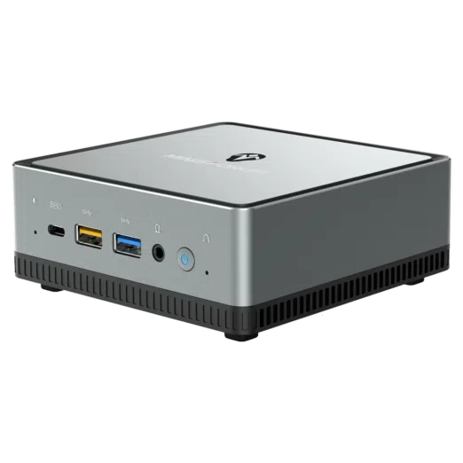 MinisForum UM250 AMD Mini PC - Showing front Microphone, USB-Type C Port, 2x USB Type-A Ports and 3.5mm Headphone Jack along with Power Button