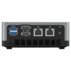 MinisForum UM250 AMD Mini PC - Mostrando I/O posteriore con 2x USB Type-A 3.0, 1x porta DP, 1x porta HDMI, e 2x porte RJ45 per Ethernet insieme alla porta di alimentazione