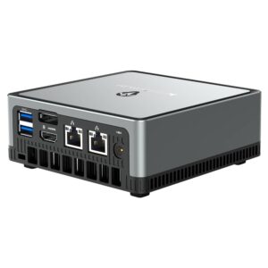 MinisForum UM250 AMD Mini PC - Showing rear I/O with 2x USB Type-A 3.0, 1x DP Port, 1x HDMI Port, and 2x RJ45 Ports for Ethernet along with Power Port