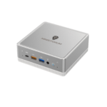 MinisForum DeskMini UM250 Ryzen Mini PC - Shown from the front at angle with 3 USB Ports, 3.5mm Audio Port and Power button