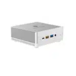 MinisForum DeskMini UM250 Ryzen Mini PC   Shown from the front at angle with 3 USB Ports 35mm Audio Port and Power button