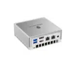 MinisForum DeskMini UM250 Ryzen Mini PC   Shown from the back at angle with 2x USB 30 Type A Ports 1x Display Port 1x HDMI Port 2x RJ45 Ethernet Ports