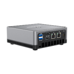 MINISFORUM DMAF5 AMD Mini PC with Ryzen 5 - Shown from the back at left side angle with Power Port, 2x RJ45 Ethernet Ports, 1x HDMI, 1x DisplayPort and 2x USB Type-A Ports