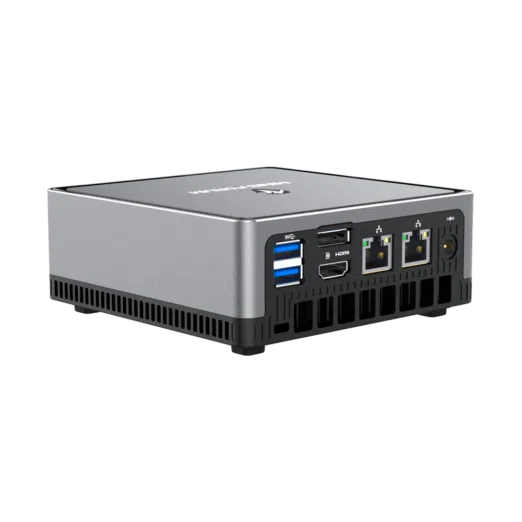 MINISFORUM DMAF5 AMD Mini PC with Ryzen 5 - Shown from the back at left side angle with Power Port, 2x RJ45 Ethernet Ports, 1x HDMI, 1x DisplayPort and 2x USB Type-A Ports