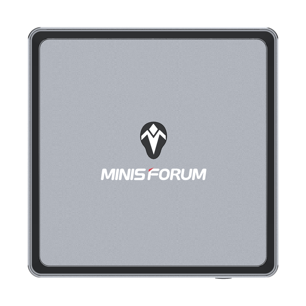 MINISFORUM DMAF5 AMD Mini PC with Ryzen 5 - Shown from the top with MINISFORUM Logo
