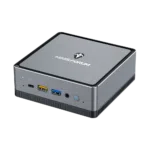 MINISFORUM DMAF5 AMD Mini PC with Ryzen 5   Shown from top right angle with Mic In 2x USB Type A Ports 1x USB Type C Port 35mm Jack and Power Button