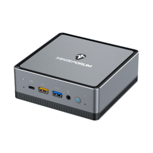 MINISFORUM DMAF5 AMD Mini PC with Ryzen 5 - Shown from top right angle with Mic In, 2x USB Type-A Ports, 1x USB Type-C Port, 3.5mm Jack and Power Button