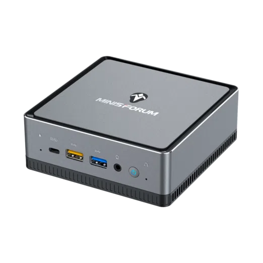 MINISFORUM DMAF5 AMD Mini PC with Ryzen 5 - Shown from top right angle with Mic In, 2x USB Type-A Ports, 1x USB Type-C Port, 3.5mm Jack and Power Button