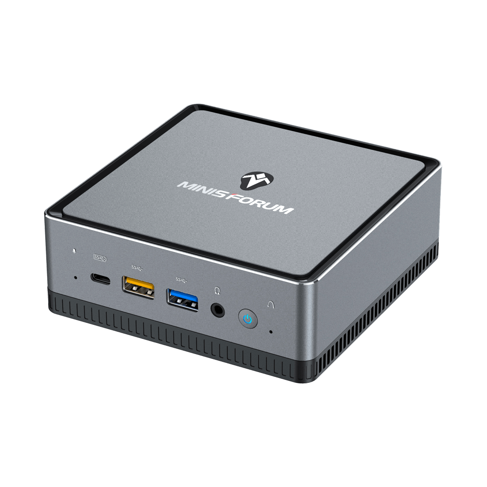 MINISFORUM DMAF5 AMD Mini PC with Ryzen 5 - Shown from top right angle with Mic In, 2x USB Type-A Ports, 1x USB Type-C Port, 3.5mm Jack and Power Button