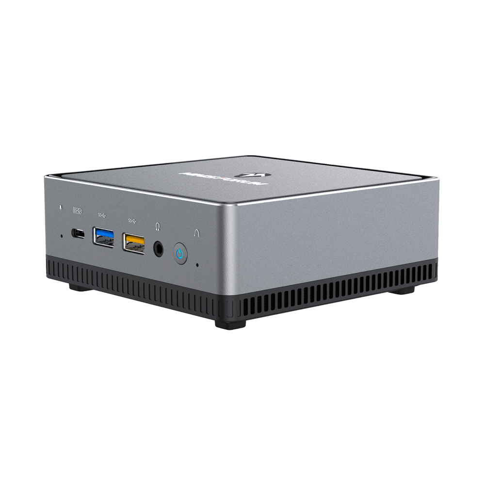 MINISFORUM DMAF5 AMD Mini PC with Ryzen 5 - Shown from right side at angle with Mic In, 2x USB Type-A Ports, 1x USB Type-C Port, 3.5mm Jack and Power Button