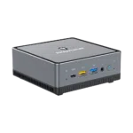 MINISFORUM DMAF5 AMD Mini PC with Ryzen 5   Shown from left side at angle with Mic In 2x USB Type A Ports 1x USB Type C Port 35mm Jack and Power Button