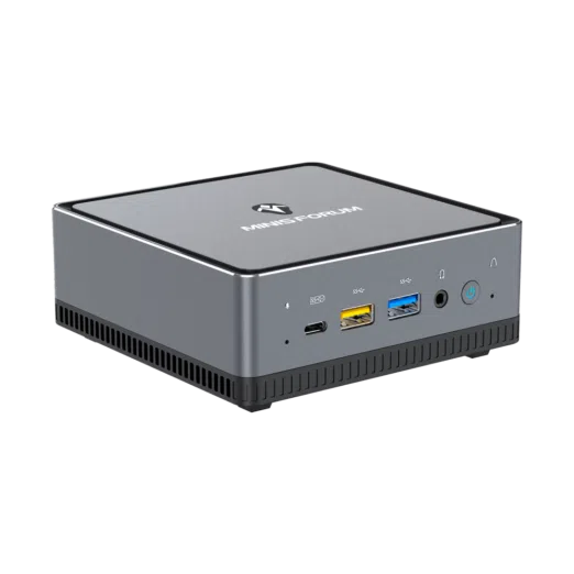 MINISFORUM DMAF5 AMD Mini PC with Ryzen 5 - Shown from left side at angle with Mic In, 2x USB Type-A Ports, 1x USB Type-C Port, 3.5mm Jack and Power Button