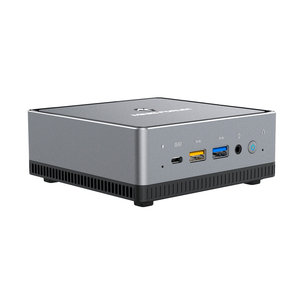MINISFORUM DMAF5 AMD Mini PC with Ryzen 5 - Shown from left side with Mic In, 2x USB Type-A Ports, 1x USB Type-C Port, 3.5mm Jack and Power Button