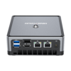 MINISFORUM DMAF5 AMD Mini PC with Ryzen 5 - Shown from the back at angle with Power Port, 2x RJ45 Ethernet Ports, 1x HDMI, 1x DisplayPort and 2x USB Type-A Ports