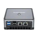 MINISFORUM DMAF5 AMD Mini PC with Ryzen 5   Shown from the back at angle with Power Port 2x RJ45 Ethernet Ports 1x HDMI 1x DisplayPort and 2x USB Type A Ports