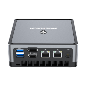 MINISFORUM DMAF5 AMD Mini PC with Ryzen 5 - Shown from the back at angle with Power Port, 2x RJ45 Ethernet Ports, 1x HDMI, 1x DisplayPort and 2x USB Type-A Ports