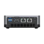 MINISFORUM DMAF5 AMD Mini PC with Ryzen 5   Shown from the back straight at angle with Power Port 2x RJ45 Ethernet Ports 1x HDMI 1x DisplayPort and 2x USB Type A Ports