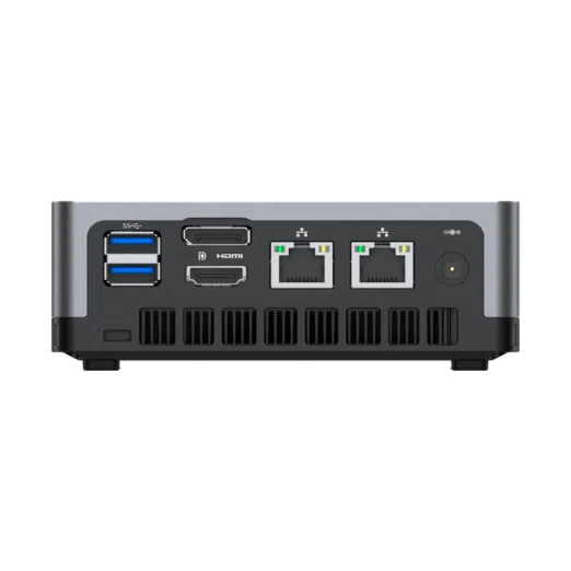 MINISFORUM DMAF5 AMD Mini PC with Ryzen 5 - Shown from the back straight at angle with Power Port, 2x RJ45 Ethernet Ports, 1x HDMI, 1x DisplayPort and 2x USB Type-A Ports