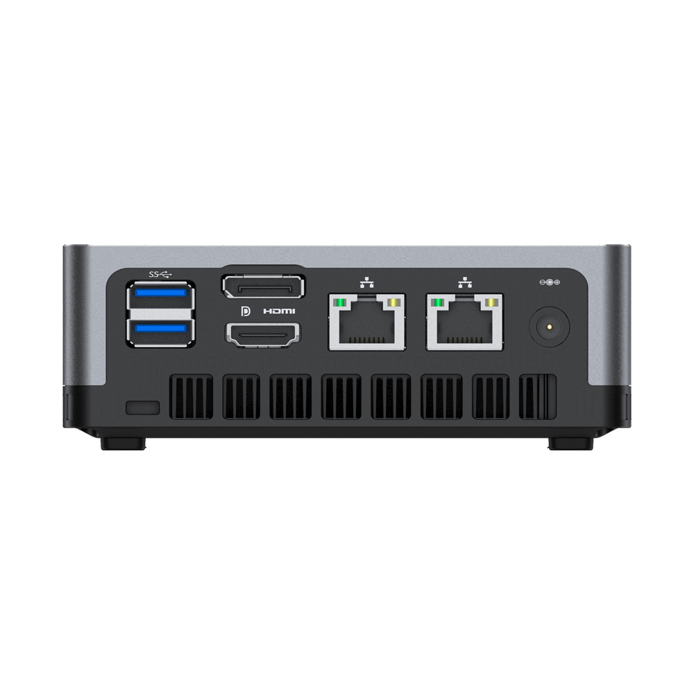 MINISFORUM DMAF5 AMD Mini PC with Ryzen 5 - Shown from the back straight at angle with Power Port, 2x RJ45 Ethernet Ports, 1x HDMI, 1x DisplayPort and 2x USB Type-A Ports