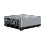 MINISFORUM DMAF5 AMD Mini PC with Ryzen 5   Shown from the back at right side angle with Power Port 2x RJ45 Ethernet Ports 1x HDMI 1x DisplayPort and 2x USB Type A Ports