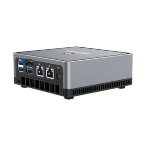 MINISFORUM DMAF5 AMD Mini PC with Ryzen 5 - Shown from the back at right side angle with Power Port, 2x RJ45 Ethernet Ports, 1x HDMI, 1x DisplayPort and 2x USB Type-A Ports