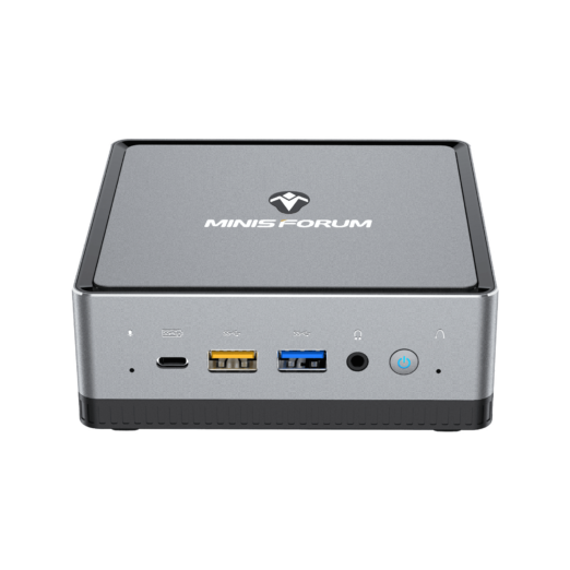 MinisForum EliteMini UM700   Shown from the front with 1x USB Type C Port and 2x USB Type A Ports along with a 35mm headphonemicrophone combo jack and power button