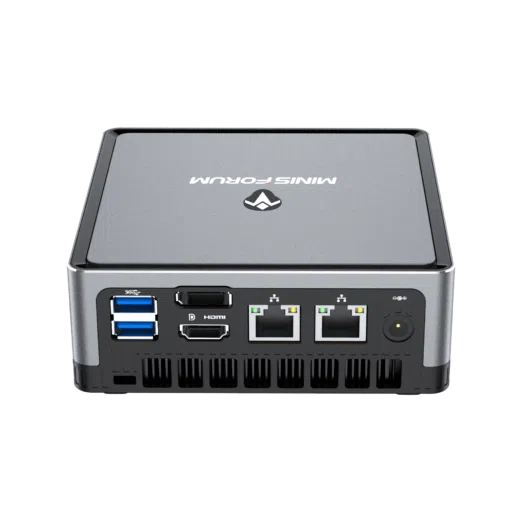 MinisForum EliteMini UM700 - Showing from the back at angle with I/O which is 2x USB Type-A 3.0, 1x HDMI, 1x DisplayPort, 2x RJ45 Ethernet Ports and Power Port