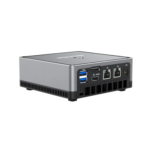 MinisForum EliteMini UM700 - Showing from the back at angle with I/O which is 2x USB Type-A 3.0, 1x HDMI, 1x DisplayPort, 2x RJ45 Ethernet Ports and Power Port
