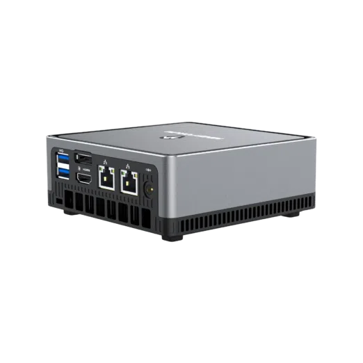 MinisForum EliteMini UM700 - Showing from the back at angle with I/O which is 2x USB Type-A 3.0, 1x HDMI, 1x DisplayPort, 2x RJ45 Ethernet Ports and Power Port