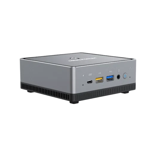 MinisForum EliteMini UM700 - Shown from an angle with 1x USB Type-C Port, and 2x USB Type-A Ports, along with a 3.5mm headphone&microphone combo jack and power button