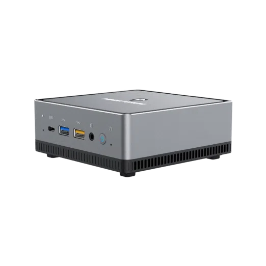 MinisForum EliteMini UM700 - Shown from an angle with 1x USB Type-C Port, and 2x USB Type-A Ports, along with a 3.5mm headphone&microphone combo jack and power button