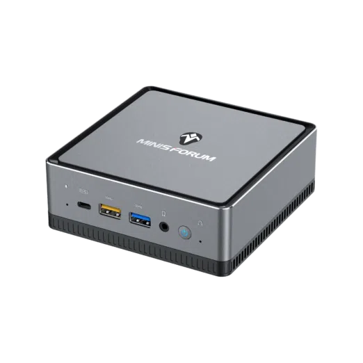 MinisForum EliteMini UM700 - Shown from an angle with 1x USB Type-C Port, and 2x USB Type-A Ports, along with a 3.5mm headphone&microphone combo jack and power button
