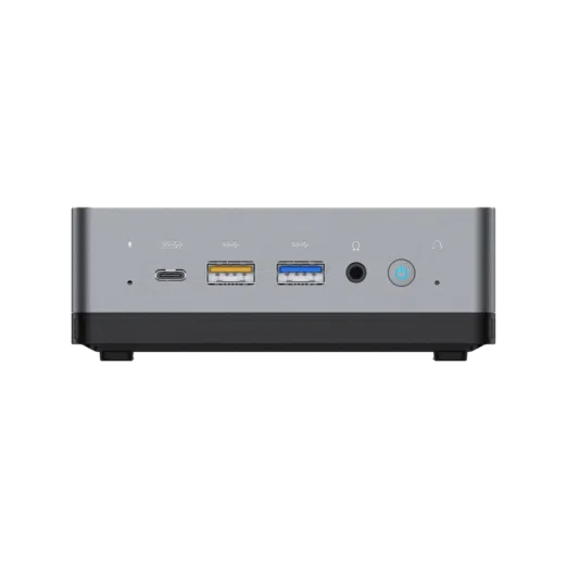 MinisForum EliteMini UM700 - Shown from the front with 1x USB Type-C Port, and 2x USB Type-A Ports, along with a 3.5mm headphone&microphone combo jack and power button