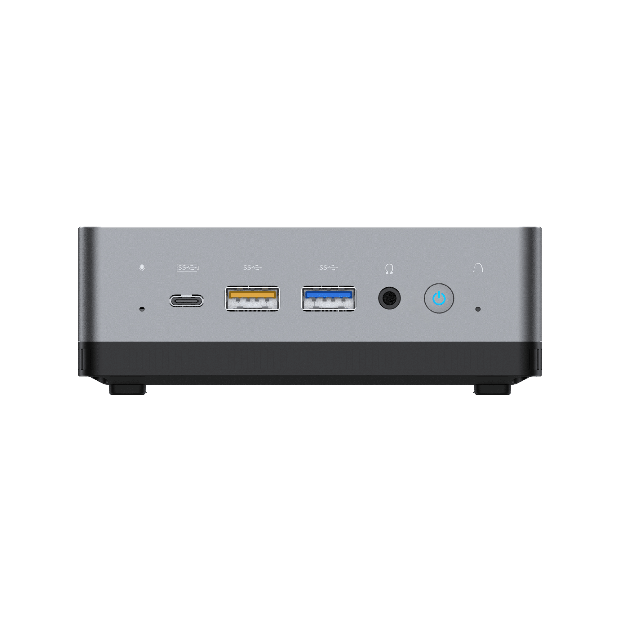 MinisForum EliteMini UM700 - Von der Vorderseite mit 1x USB Typ-C Port und 2x USB Typ-A Ports, zusammen mit einer 3.5mm Kopfhörer- und Mikrofon-Kombibuchse und einem Power-Button